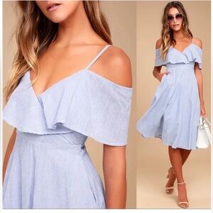 Lulu's Yacht Rock Blue and White Striped Off-the-Shoulder Midi Dress Sz XS